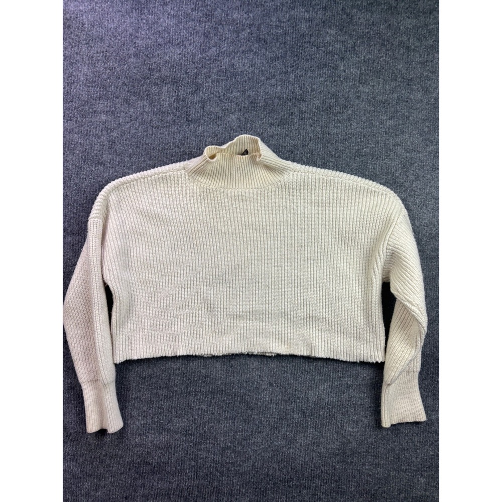 Knot Sisters Cropped Sweater Womens Large Cream Ribbed Mock Neck Wool Blend Boxy